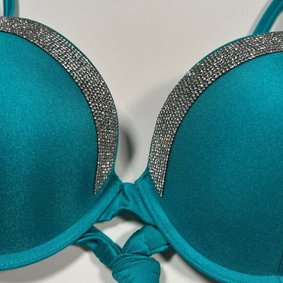 Victoria Secret 36DDD VERY SEXY Push Up Bikini Top Shine Back Tie Capri Sea Blue - Picture 3 of 6